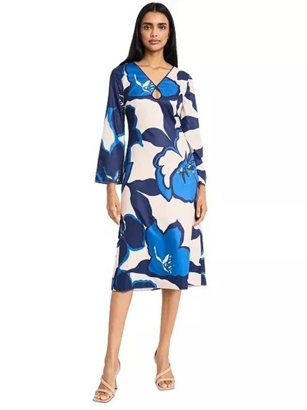Donna Morgan Floral Keyhole V-Neck Midi Dress- Navy and Cream